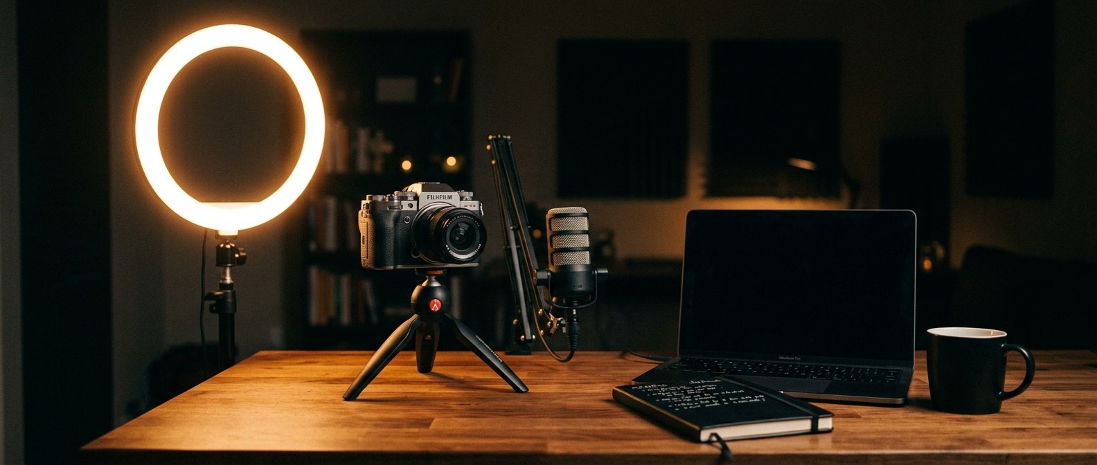 Atmosphäre: Webcam-Setup, Notizbuch, Schreibtisch — ruhig