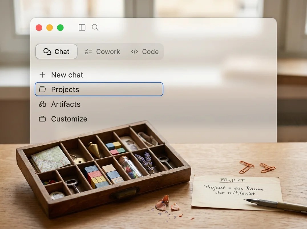 Echter Screenshot: Projekt-Ansicht mit Dateiliste links, Arbeitsbereich rechts