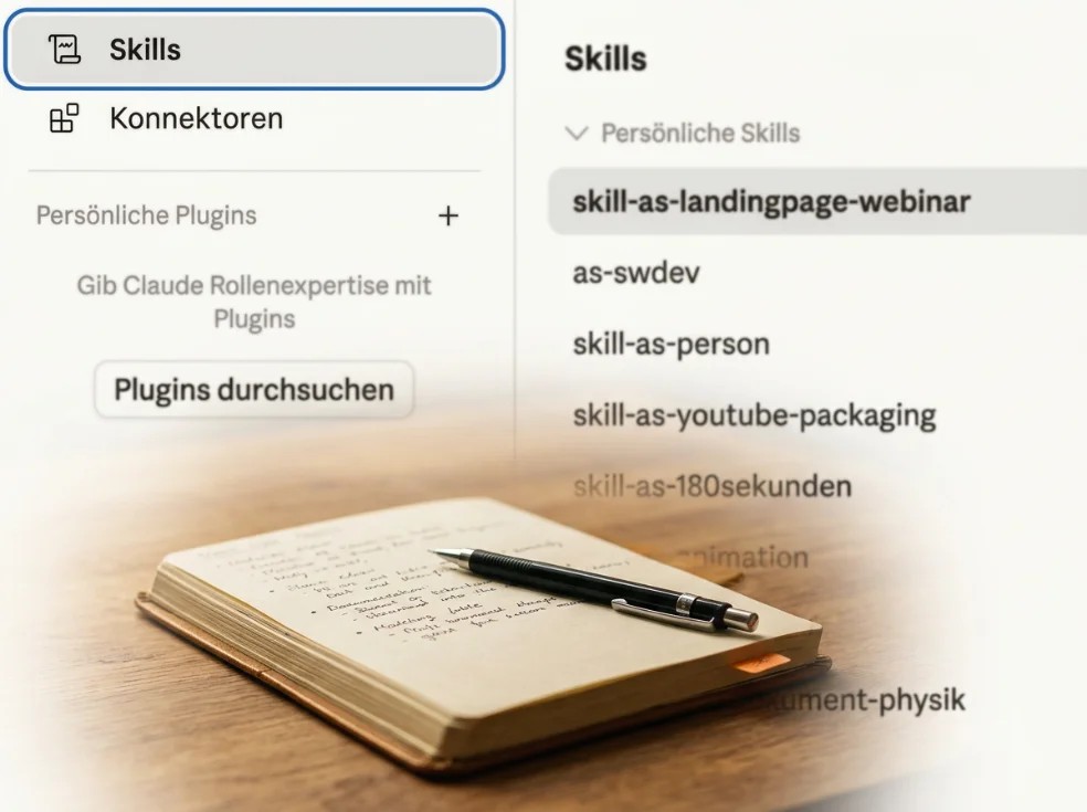 Aufsicht: mehrere Skill-Bausteine wie ein Werkzeug-Set ausgelegt
