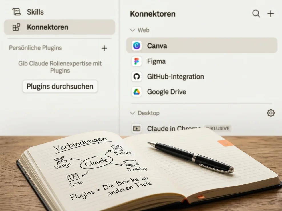Screenshot: Claude bedient ein Tool, z. B. Canva-Canvas oder Kalender