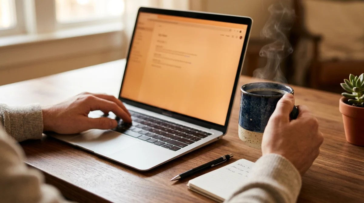 Schreibtisch morgens — ruhig, Kaffee, Laptop offen
