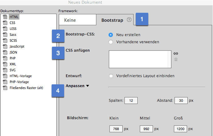 Dreamweaver - Neues Bootstrap Dokument