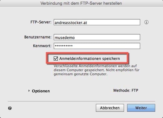 Adobe Muse - FTP Anmeldedaten