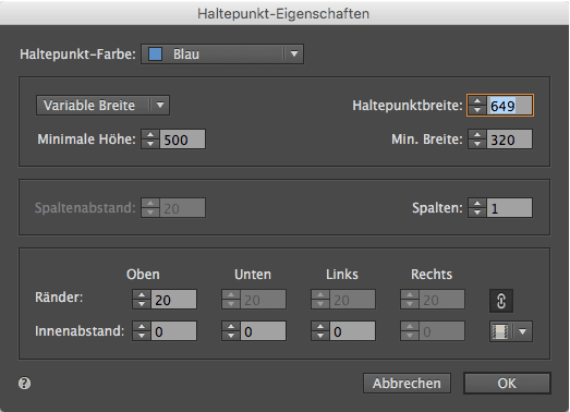 Adobe Muse Responsive - Haltepunkt Eigenschaften