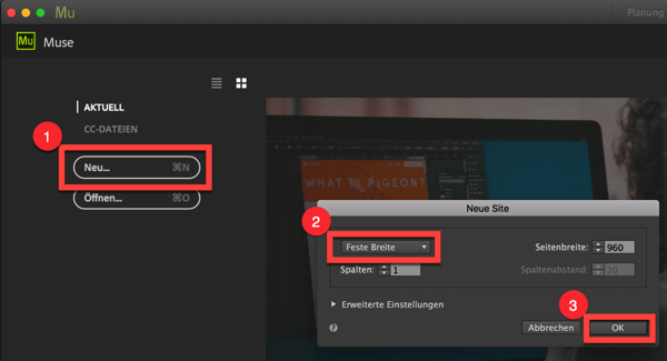 Neue Adobe Muse Site erstellen