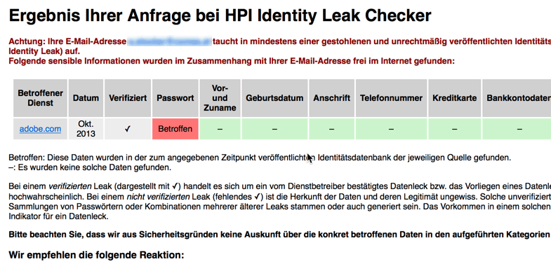 Passwortdatenbank Abfrage - E-Mail gefunden