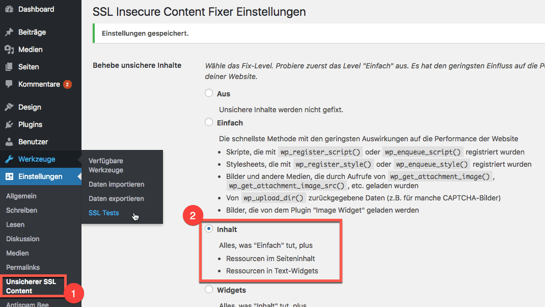 WordPress HTTPS Umstellung - Mixed Content Problem Plugin - Einstellungen