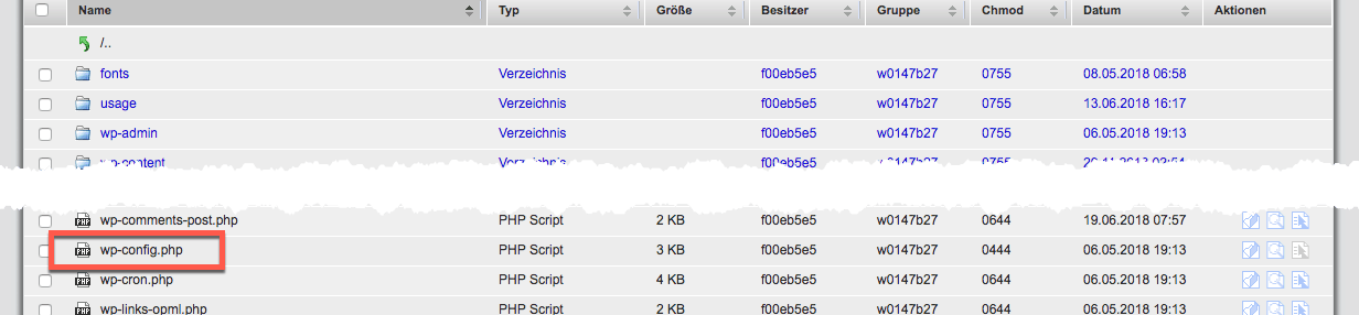 "wp-config.php" bearbeiten mit Variante 1 über den Browser